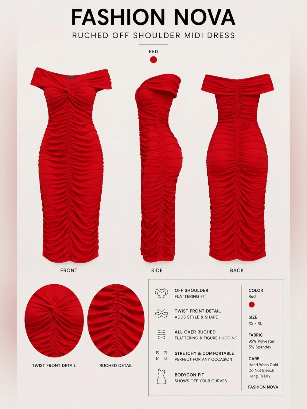 Fashion Nova Red Ruched Off-Shoulder Midi Dress - Picture 1 of 4